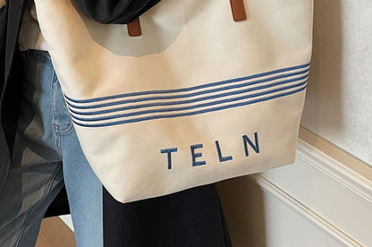 Bag Embroidered Tote Striped Lettering Canvas