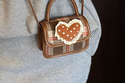 Heart Crossbody Flap Applique Bag Handle Plaid Top
