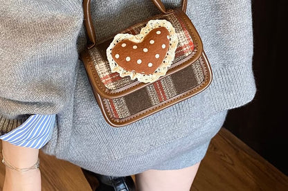Heart Crossbody Flap Applique Bag Handle Plaid Top