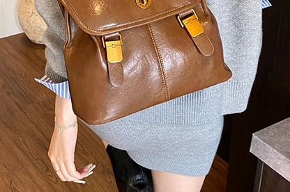 Buckle Leather Backpack Faux Flap