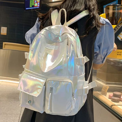 Buckled Leather Holographic Faux Backpack
