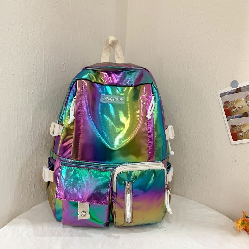 Buckled Leather Holographic Faux Backpack