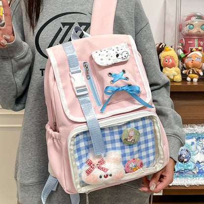 Backpack Nylon PVC Panel Ribbon Gingham Buckled
