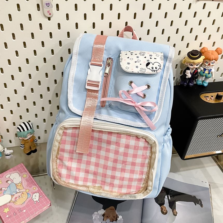 Backpack Nylon PVC Panel Ribbon Gingham Buckled