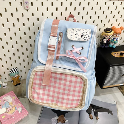 Backpack Nylon PVC Panel Ribbon Gingham Buckled