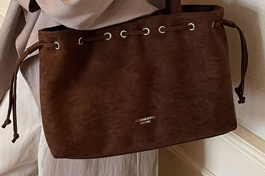Drawstring Suede Faux Tote Plain Bag