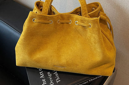 Drawstring Suede Faux Tote Plain Bag