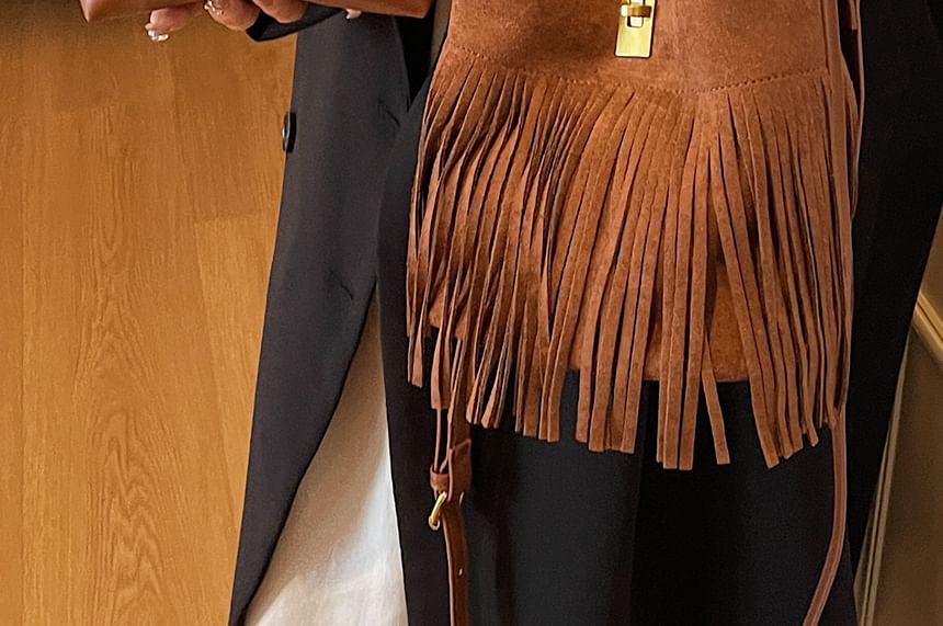 Faux Crossbody Pouch Fringe Plain Bag With Suede