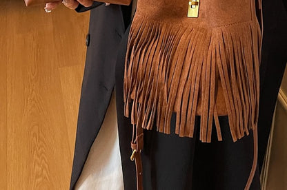 Faux Crossbody Pouch Fringe Plain Bag With Suede