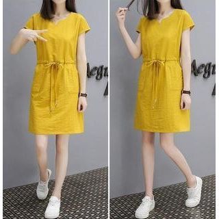 Plain Short-Sleeve Dress Mini V-Neck Drawstring-Waist A-Line