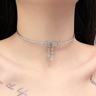 Rhinestone Bow Choker Alloy