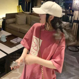 T-Shirt Cartoon Neck Elbow-Sleeve Crew Print