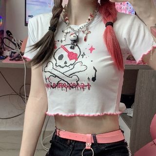 Trim Crop Tee Crew Short-Sleeve Neck Contrast Skull Print