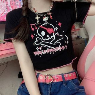 Trim Crop Tee Crew Short-Sleeve Neck Contrast Skull Print