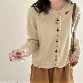 Plain Cardigan Floral Neck Crew