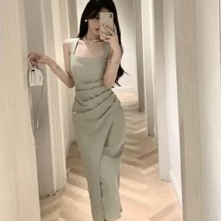 Sheath Midi Ruched Sleeveless Neck Plain Square Dress