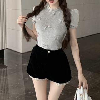 Wholesale SampleShort Sleeve Crew Neck Plain Bow Frill Top / High Waist Panel Velvet Shorts