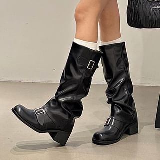 Sample Chunky Heel Plain Buckled Faux Leather Tall Boots