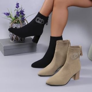 Accent Boots Heel Rhinestone Pointed Short Toe Chunky Socks