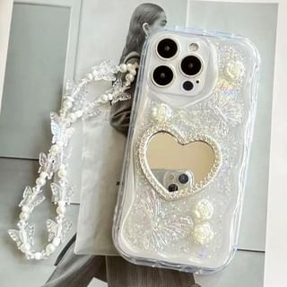Strap Phone Mirrored Case Pearl / Faux Heart Set