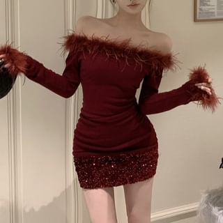 Wholesale Sample Long-Sleeve Off-Shoulder Plain Sequin Fluffy Trim Mini Sheath Dress