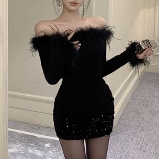 Wholesale Sample Long-Sleeve Off-Shoulder Plain Sequin Fluffy Trim Mini Sheath Dress