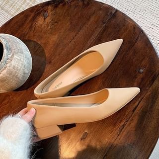 Pumps Heel Faux Plain Chunky Toe Pointed Leather