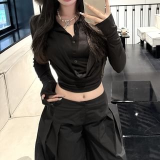 Sample Long-Sleeve Collar Plain Cropped Tee / Low Rise Inverted Pleated Wide Leg Pants