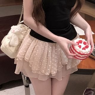 Sample Scoop Neck Plain Lace Trim Halter Top / Mid Rise Dotted Asymmetrical Mini A-Line Skirt
