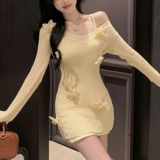 Wholesale Sample Sheath Accent Slip Flower Mini Knit Long-Sleeve Dress Neck / V