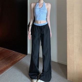 Halter V-Neck Gingham Button-Up Crop Top / Low Waist Wide Leg Pants