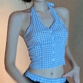 Halter V-Neck Gingham Button-Up Crop Top / Low Waist Wide Leg Pants