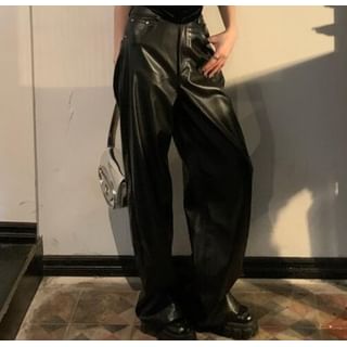 Square Neck Plain Camisole Top / High Rise Faux Leather Flared Pants