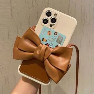 Bow Card Faux Lanyard Leather Case Holder Phone with