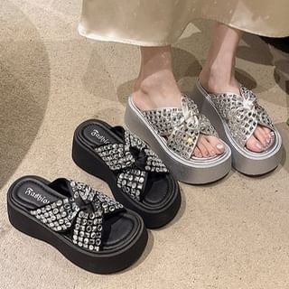 Rhinestone Cross Strap Platform Sandals