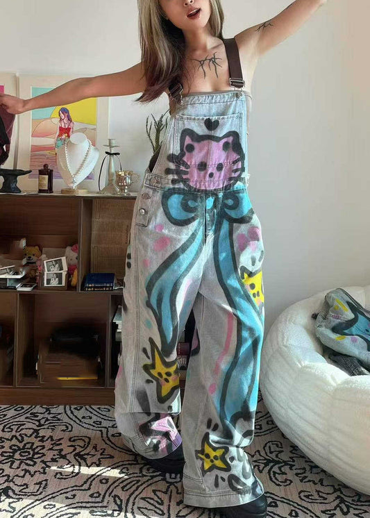 Little Blue Summer Pockets Jumpsuit Patchwork Denim Dye Cats Tie Loose