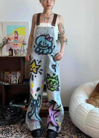 Little Blue Summer Pockets Jumpsuit Patchwork Denim Dye Cats Tie Loose
