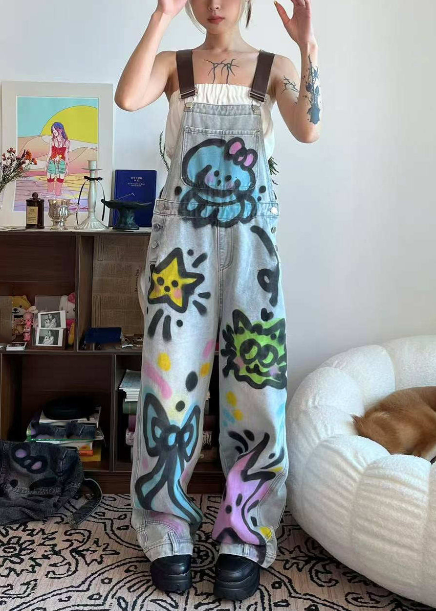Little Blue Summer Pockets Jumpsuit Patchwork Denim Dye Cats Tie Loose