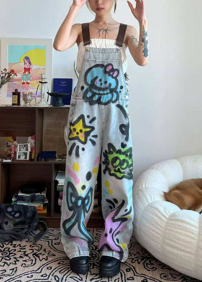 Little Blue Summer Pockets Jumpsuit Patchwork Denim Dye Cats Tie Loose