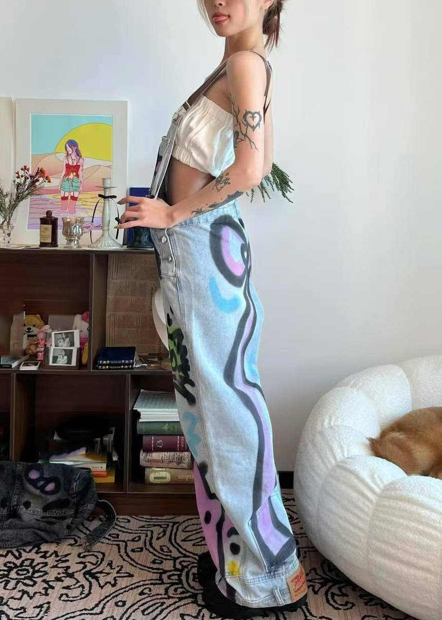 Little Blue Summer Pockets Jumpsuit Patchwork Denim Dye Cats Tie Loose
