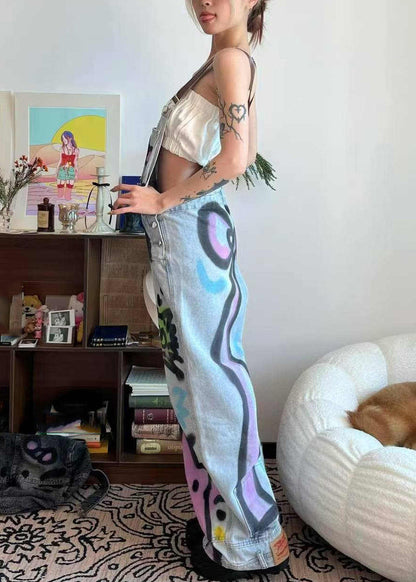 Little Blue Summer Pockets Jumpsuit Patchwork Denim Dye Cats Tie Loose