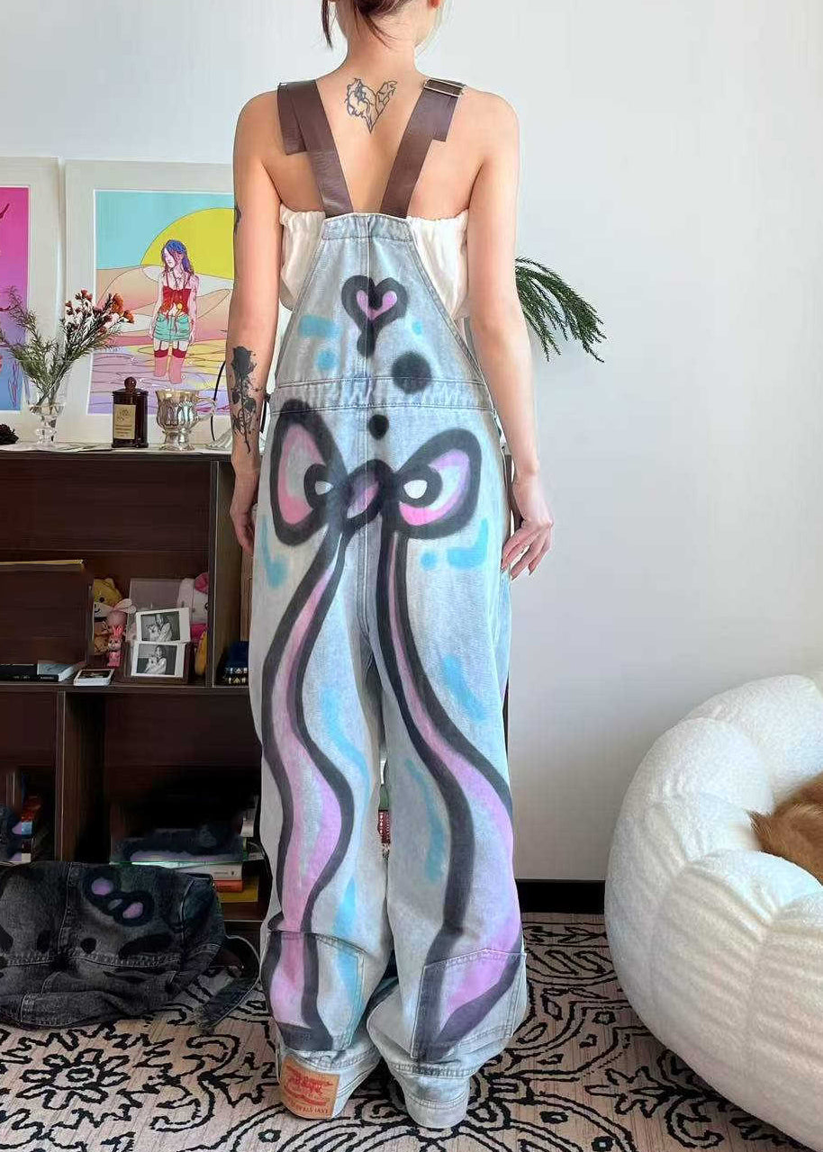 Little Blue Summer Pockets Jumpsuit Patchwork Denim Dye Cats Tie Loose