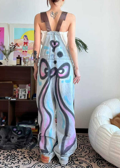 Little Blue Summer Pockets Jumpsuit Patchwork Denim Dye Cats Tie Loose