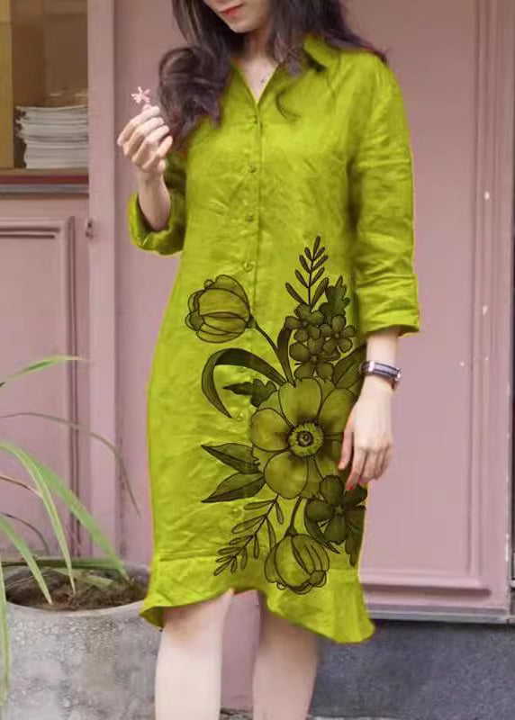 SampleLoose Green Peter Pan Collar Print Button Long Shirts Dress Fall