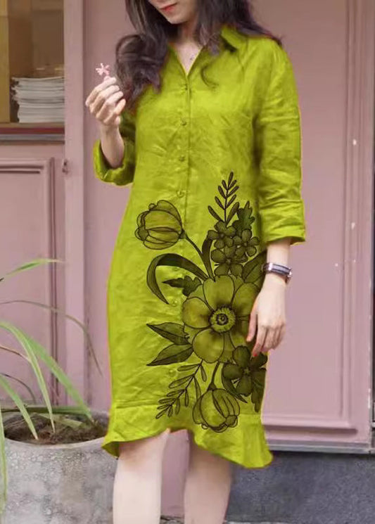 Wholesale SampleLoose Green Peter Pan Collar Print Button Long Shirts Dress Fall