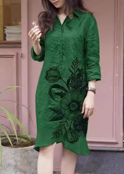 SampleLoose Green Peter Pan Collar Print Button Long Shirts Dress Fall