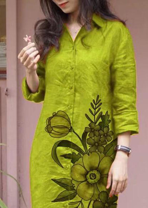 SampleLoose Green Peter Pan Collar Print Button Long Shirts Dress Fall
