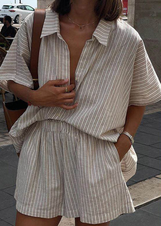Set Pan Khaki Shorts Loose Pieces And Peter Two Collar Striped Sleeve Short Shirts