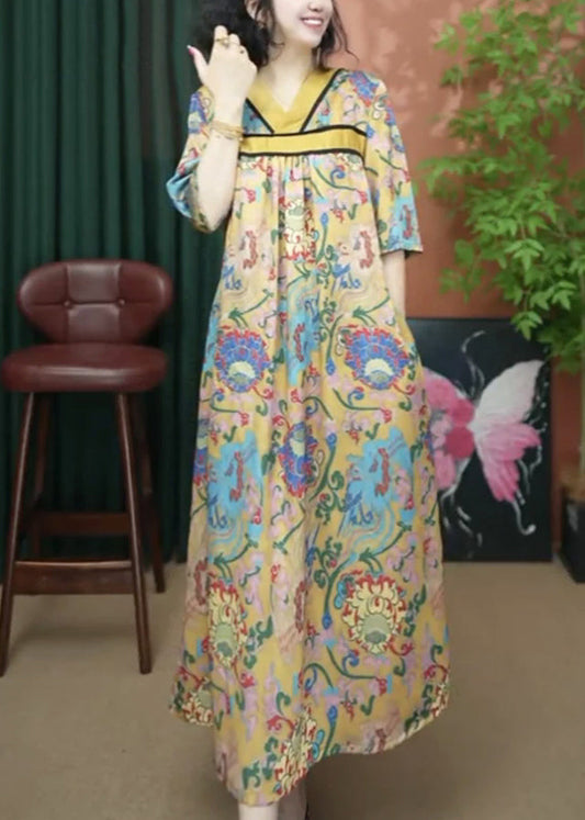 Wholesale SampleLoose Yellow V Neck Print Cotton Long Dresses Summer