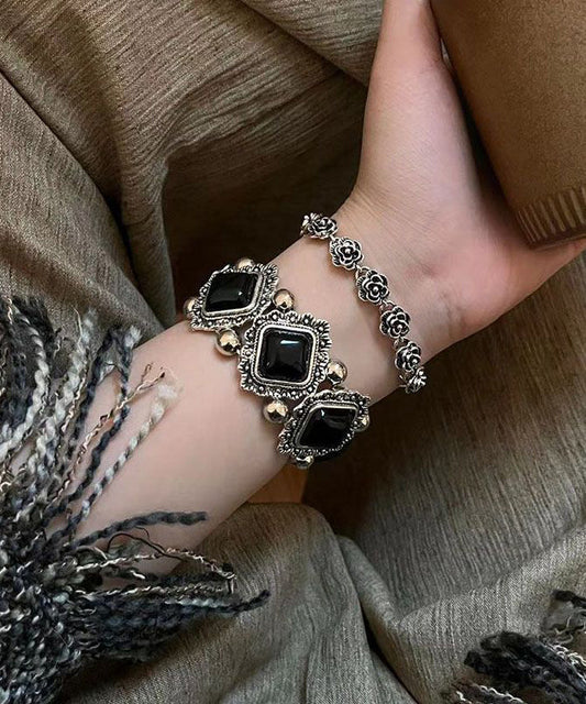 Sterling Gem Stone Set Two-Piece Chain Bracelet Modern Silver Black Floral